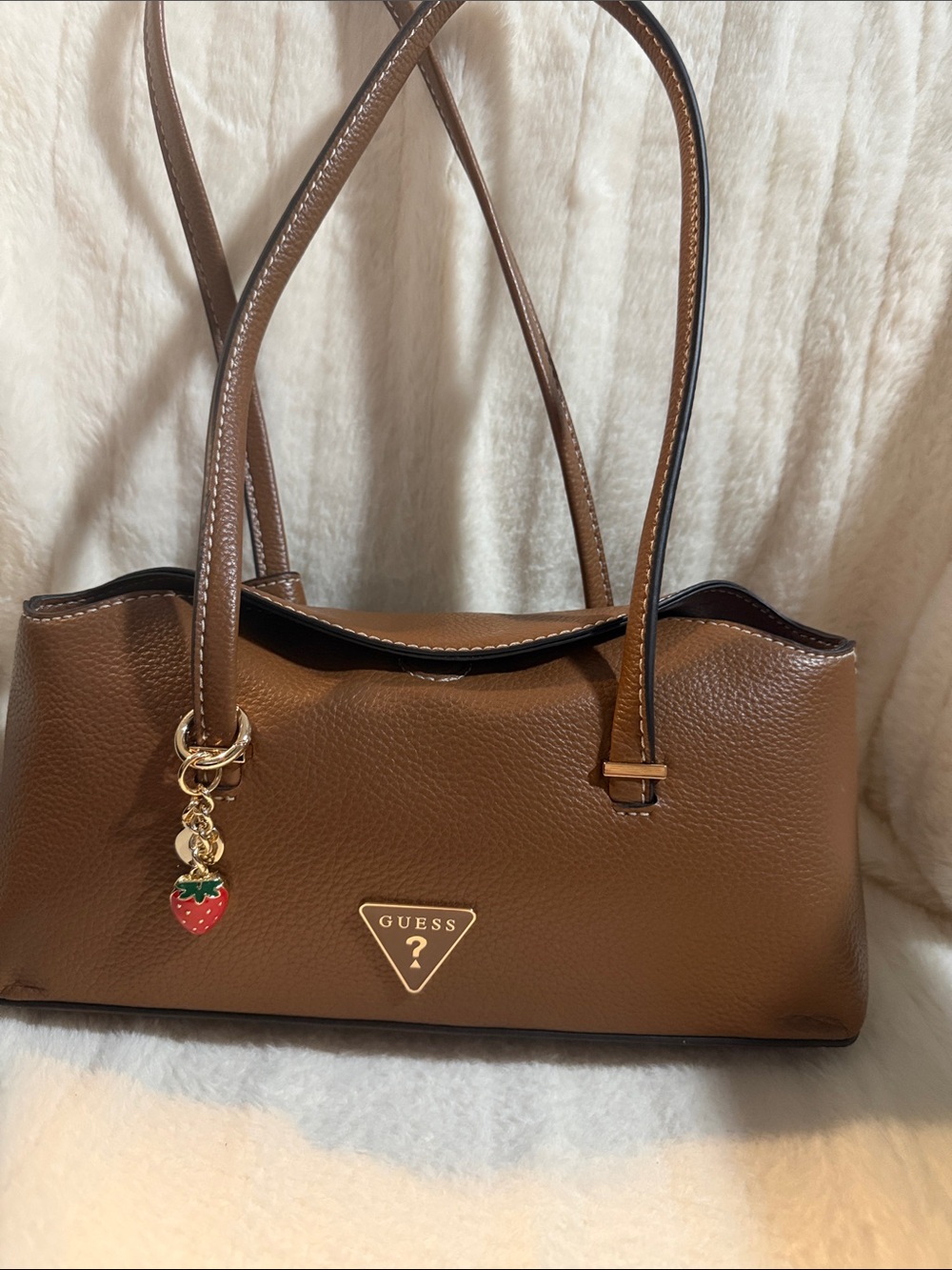 GUESS Brown Pebbled Shoulder Bag with Strawberry Charm